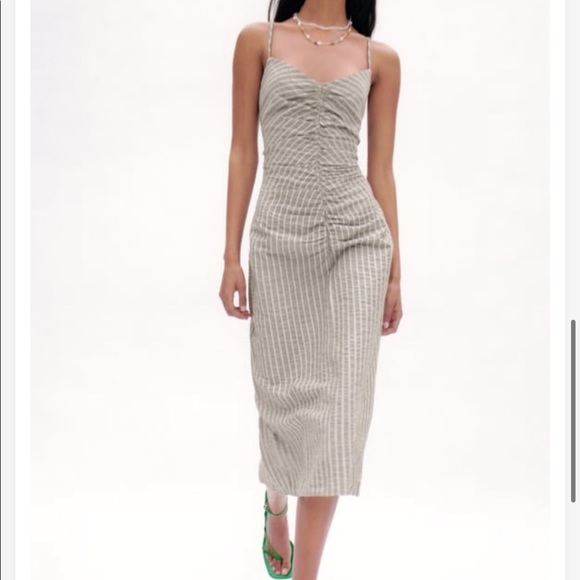 Zara striped tan and white cotton midi dress NWT - Picture 2 of 10